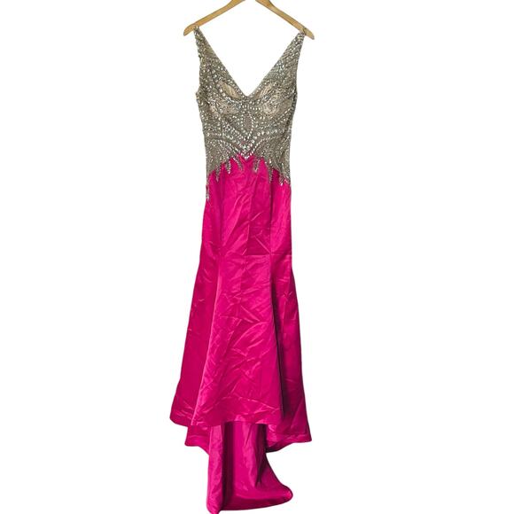 Fashionable Avant Pink Beaded Plunge Back Hi Low Mermaid Dress Size S Small NWT - Picture 2 of 8